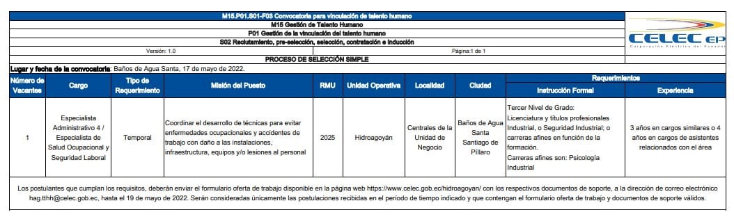 CONVOCATORIA POR PARTE DE CELEC
